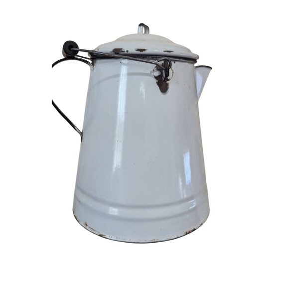 Vintage Large White & Black Enamelware Porcelain Cowboy Kettle Coffee Pot Farmho - Picture 1 of 11